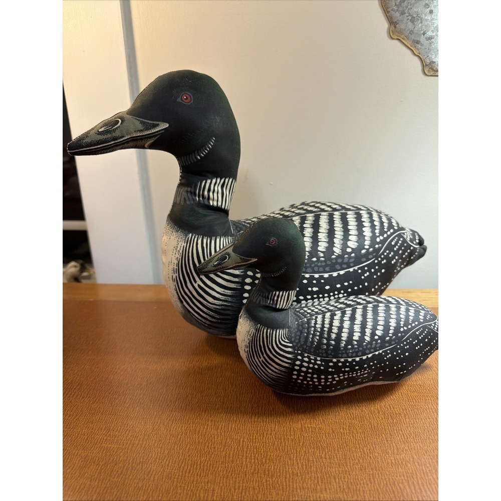 Vtg Loon Stuffed Plush With Baby Fabric Decoy Decor Weighted Door Stop